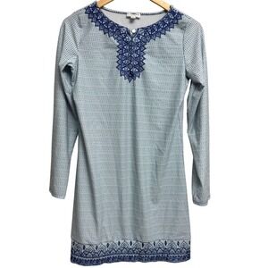 Cabana Life Womens Small Blue‎ White Embroidered Long Sleeve Tunic Dress UPF 50+